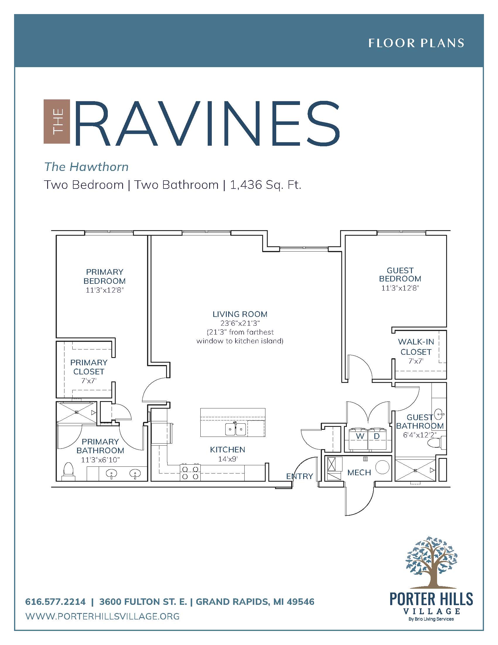 PHV-RavinesHawthornFloorPlan_Printable8.5x11 Floor plan for "The Hawthorn" at The Ravines: 2 bedrooms, 2 bathrooms, 1,450 sq. ft. Includes living room, kitchen, and dining area.