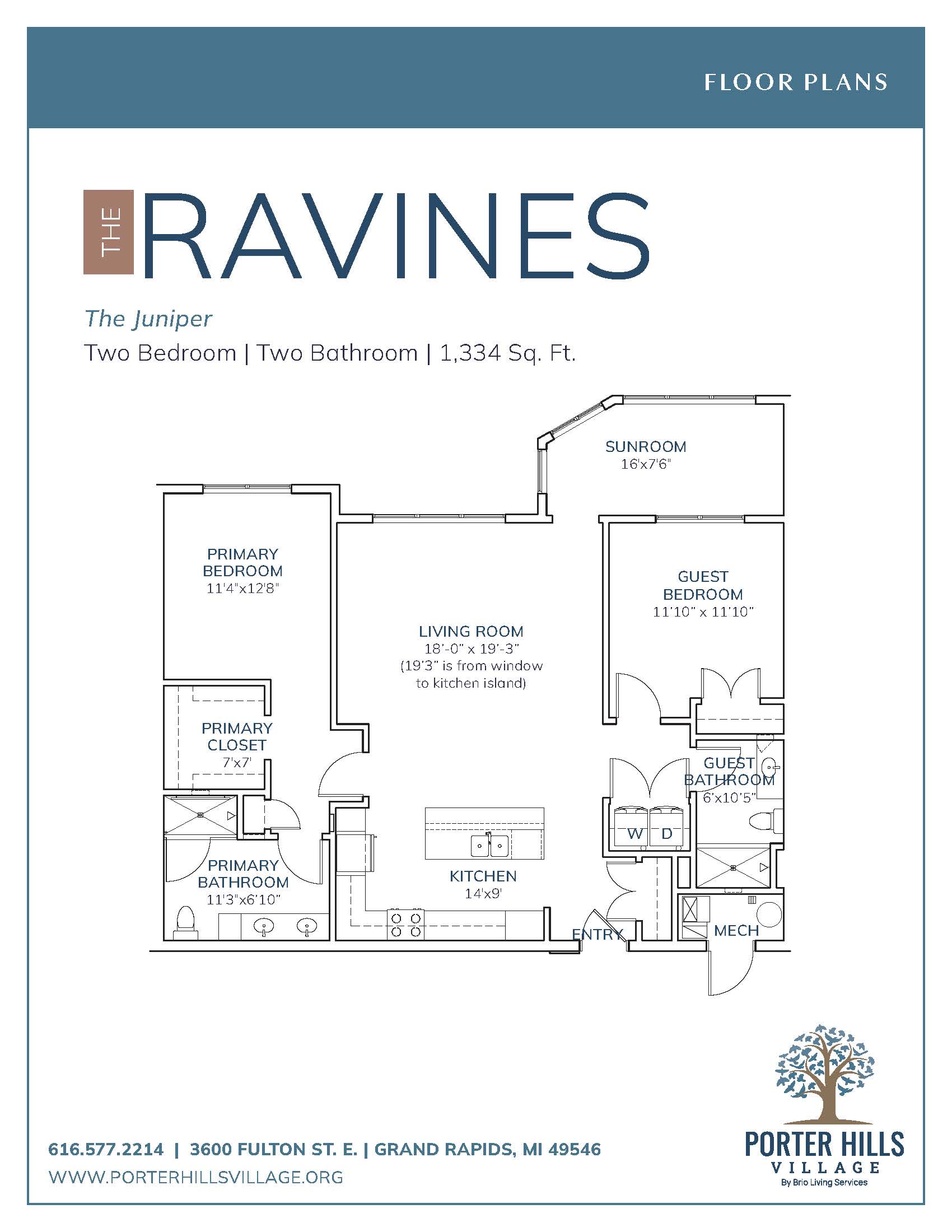 PHV-RavinesJuniperFloorPlan_Printable8.5x11 Floor plan for "The Juniper" at The Ravines: Two bedrooms, two bathrooms, sunroom, living room, and kitchen in 1,360 sq. ft.